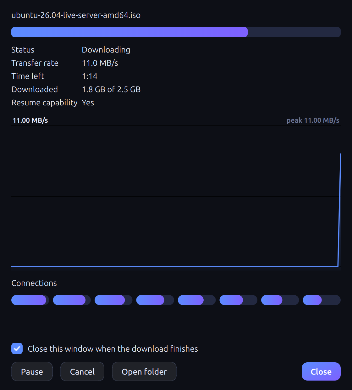 A single IXD transfer, showing its chunks and speed history.