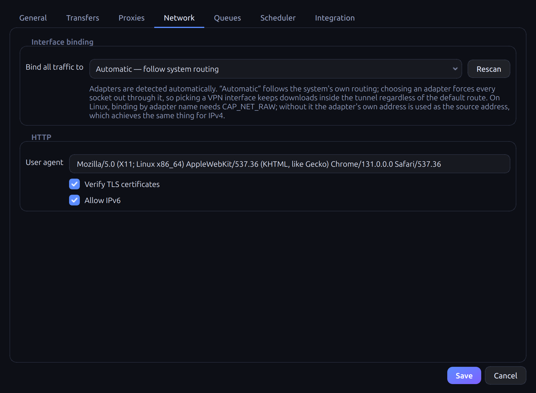 IXD network settings: proxies, connection counts and speed limits.
